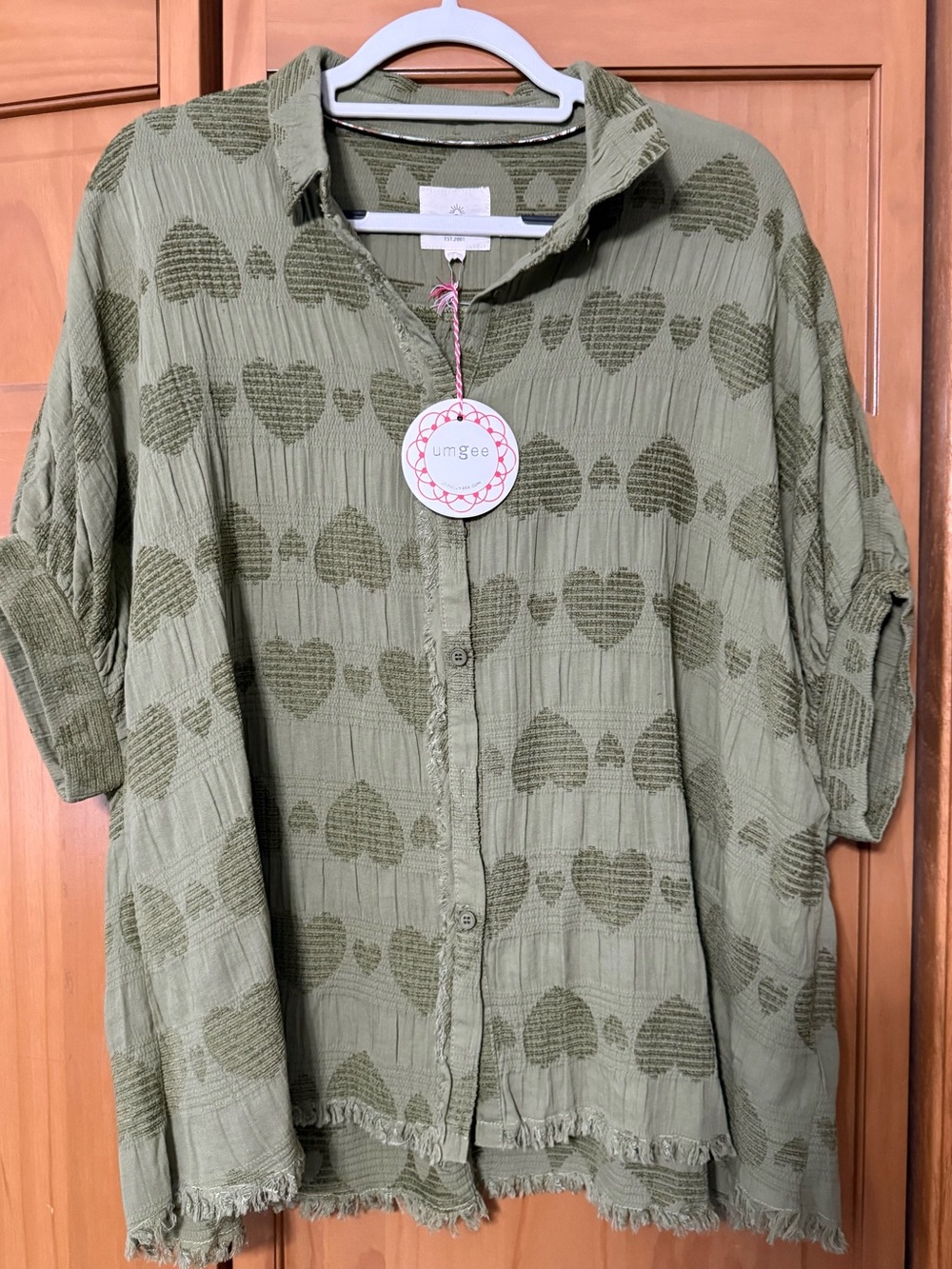 Umgee Olive Green Textured Cotton Oversized Button Front Top Tunic size S